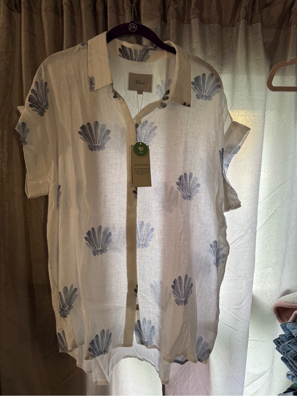 Rails White Linen Button-Down Shirt with Light Blue Shell Print